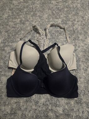 Victoria's Secret Lace Racerback Demi Bra Set 34C Navy & Light Gray